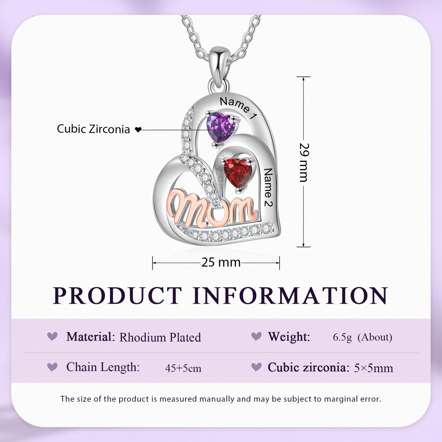 2 Names Custom Heart Pendant – Personalised Birthstone Bracelet-Style Necklace for Mum | Lorajewel