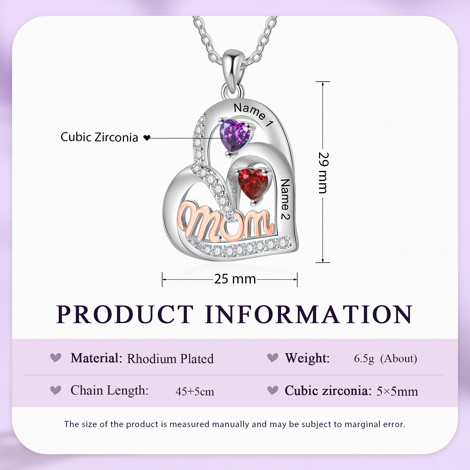 2 Names Custom Heart Pendant – Personalised Birthstone Bracelet-Style Necklace for Mum | Lorajewel