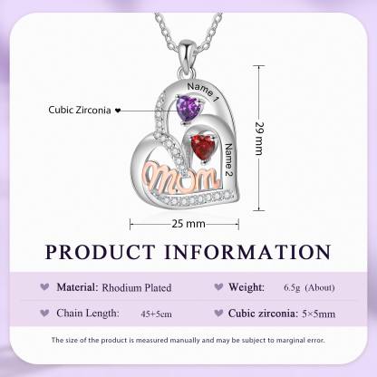 2 Names Custom Heart Pendant – Personalised Birthstone Bracelet-Style Necklace for Mum | Lorajewel