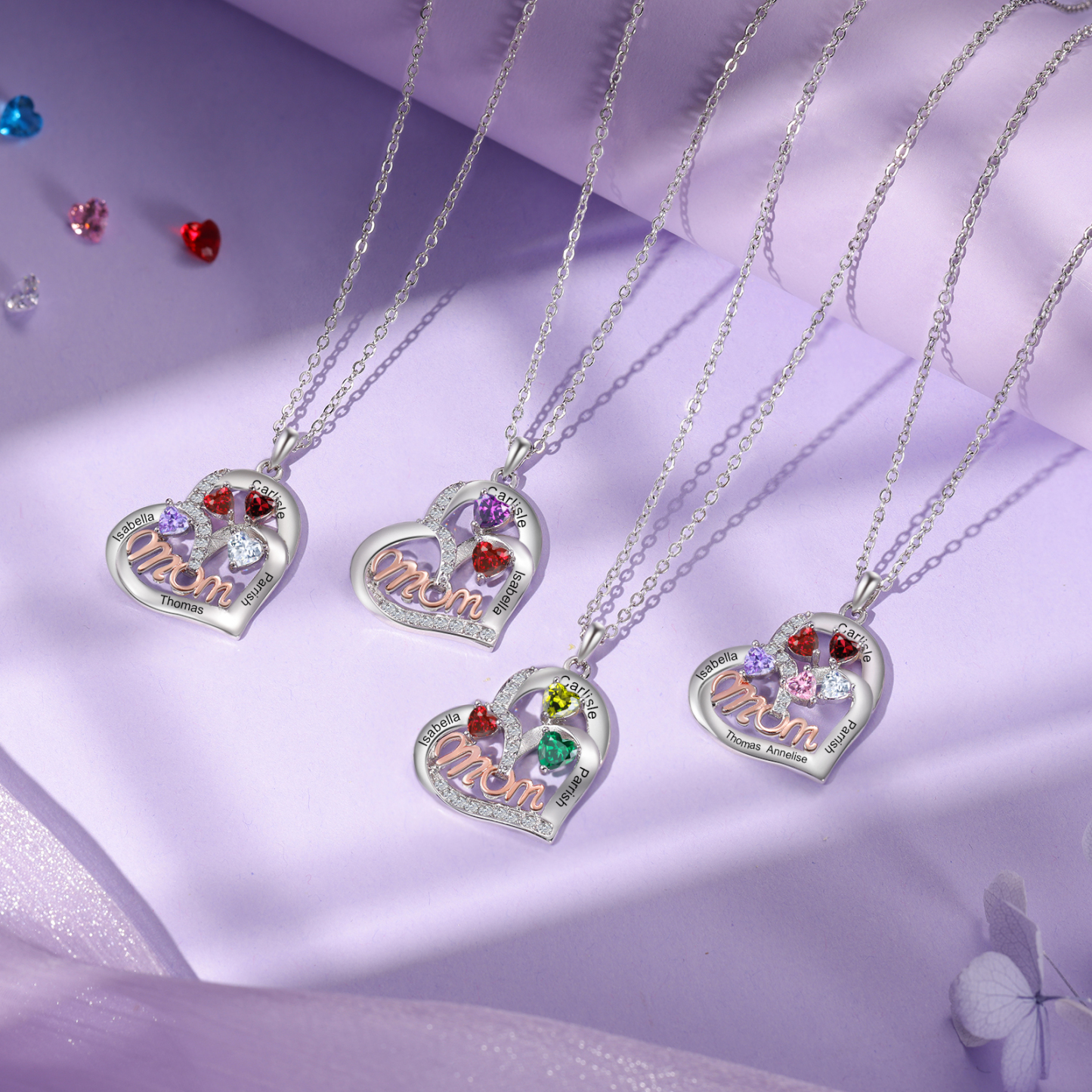 4 Names Custom Heart Pendant – Personalized Birthstone Necklace for Mom | Lorajewel