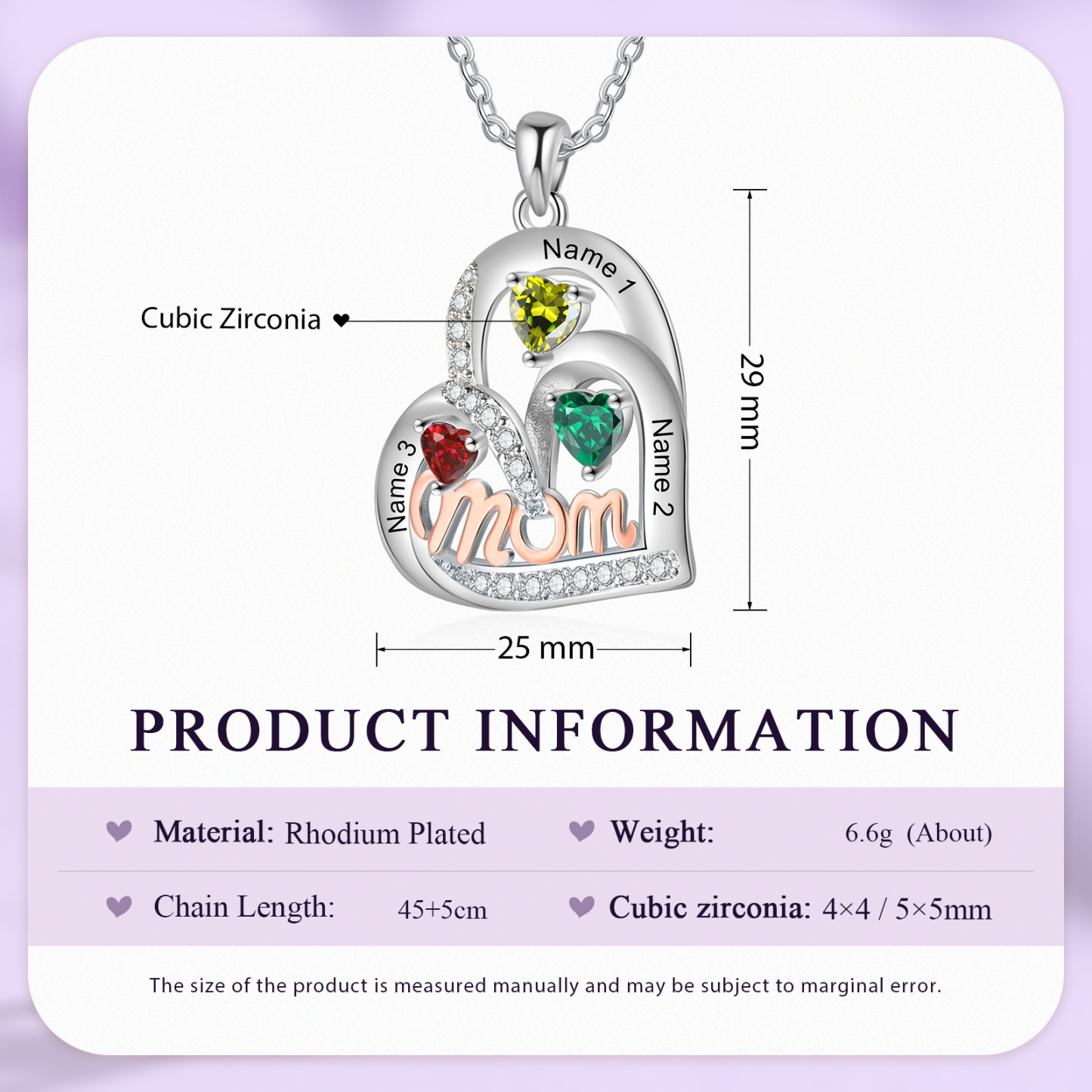 3 Names Custom Heart Pendant – Personalized Birthstone Necklace for Mom | Lorajewel