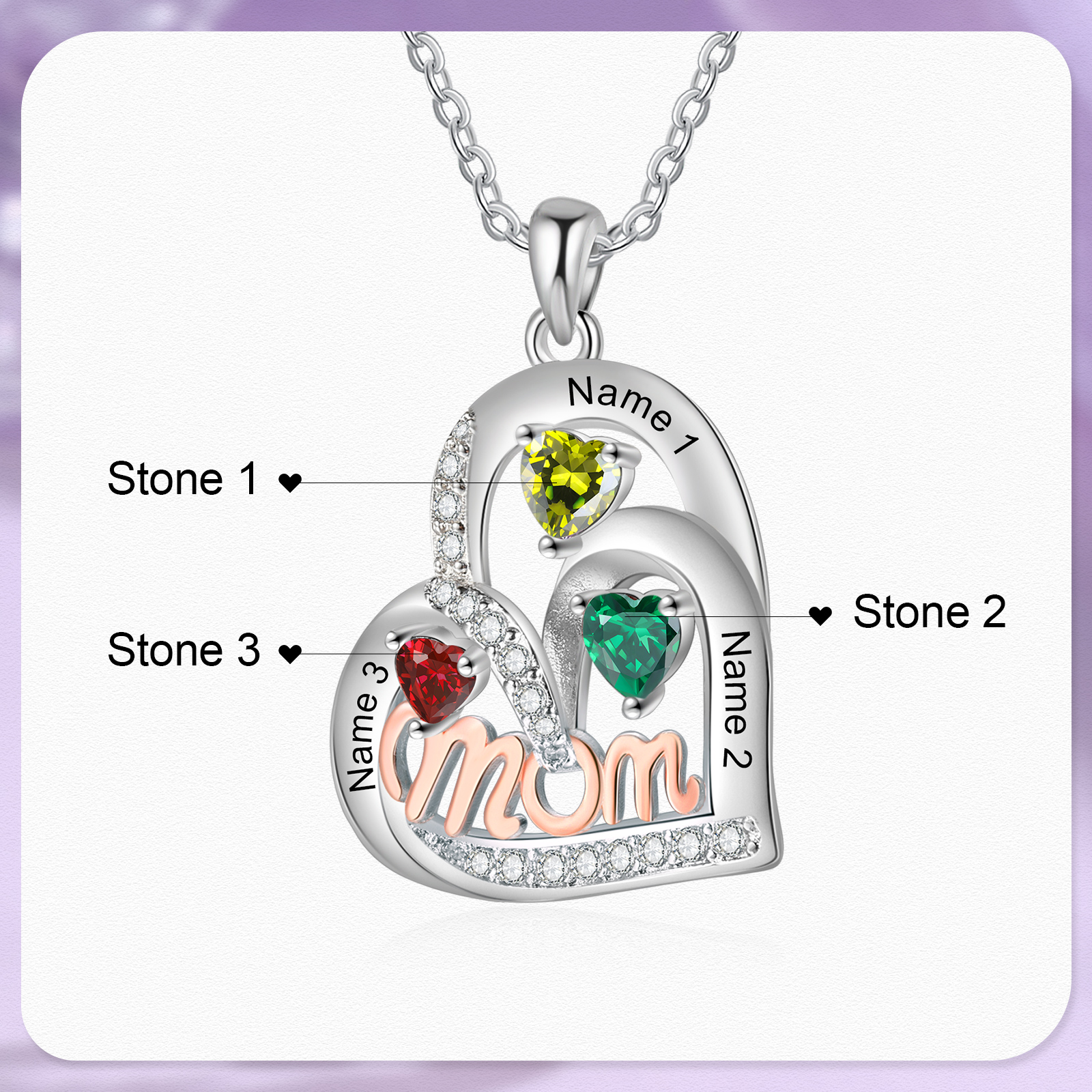 3 Names Custom Heart Pendant – Personalized Birthstone Necklace for Mom | Lorajewel