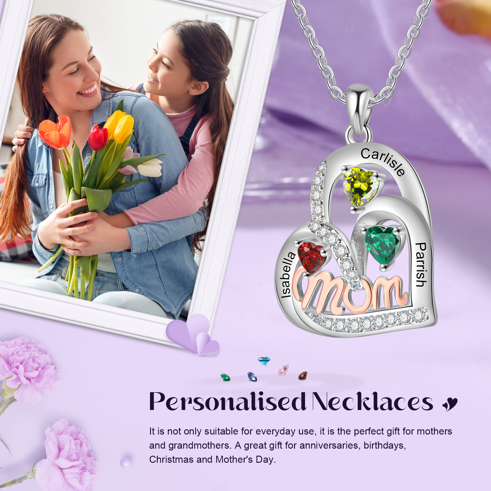 3 Names Custom Heart Pendant – Personalized Birthstone Necklace for Mom | Lorajewel