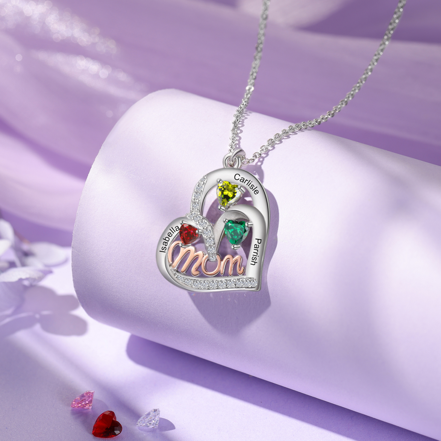3 Names Custom Heart Pendant – Personalized Birthstone Necklace for Mom | Lorajewel