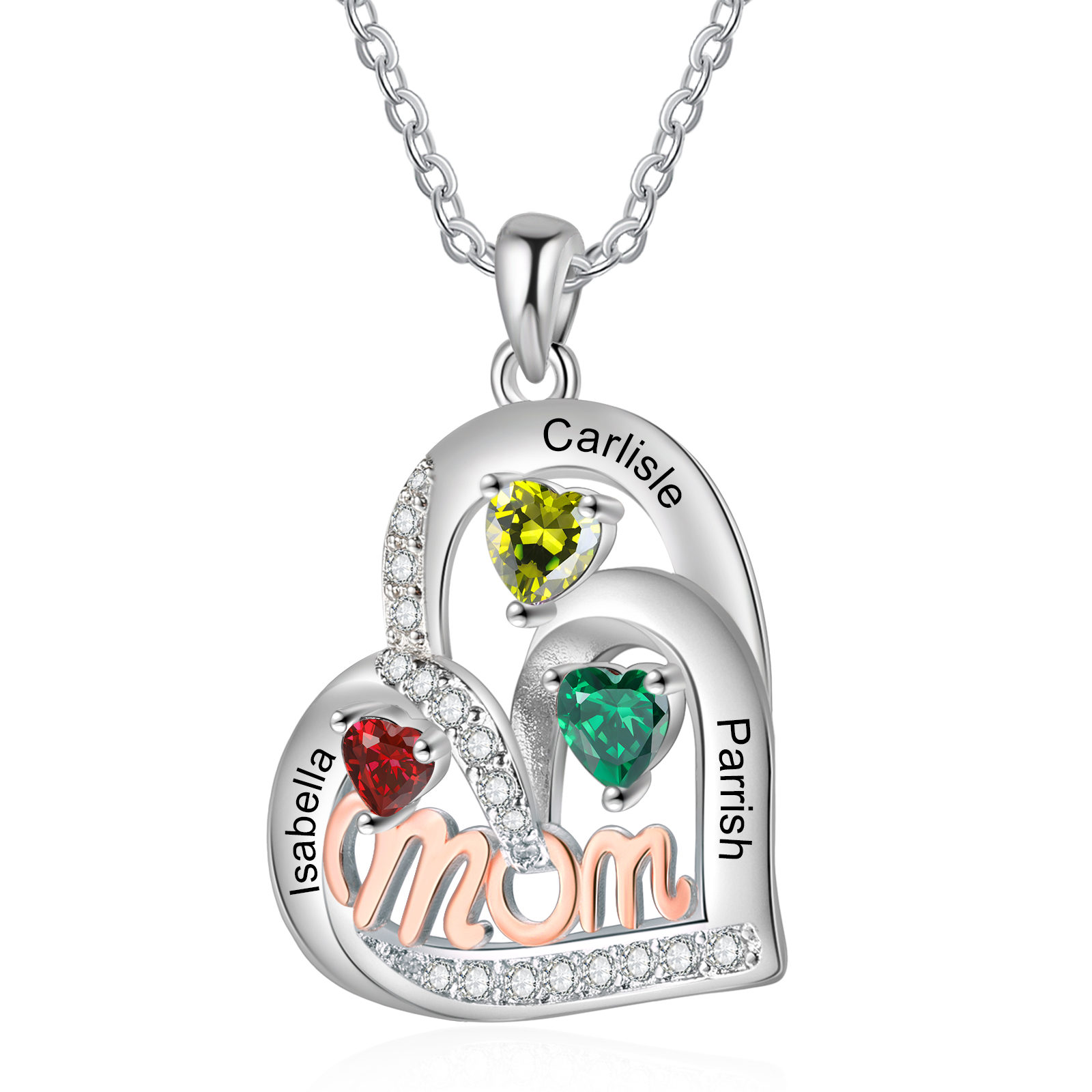 3 Names Custom Heart Pendant – Personalized Birthstone Necklace for Mo