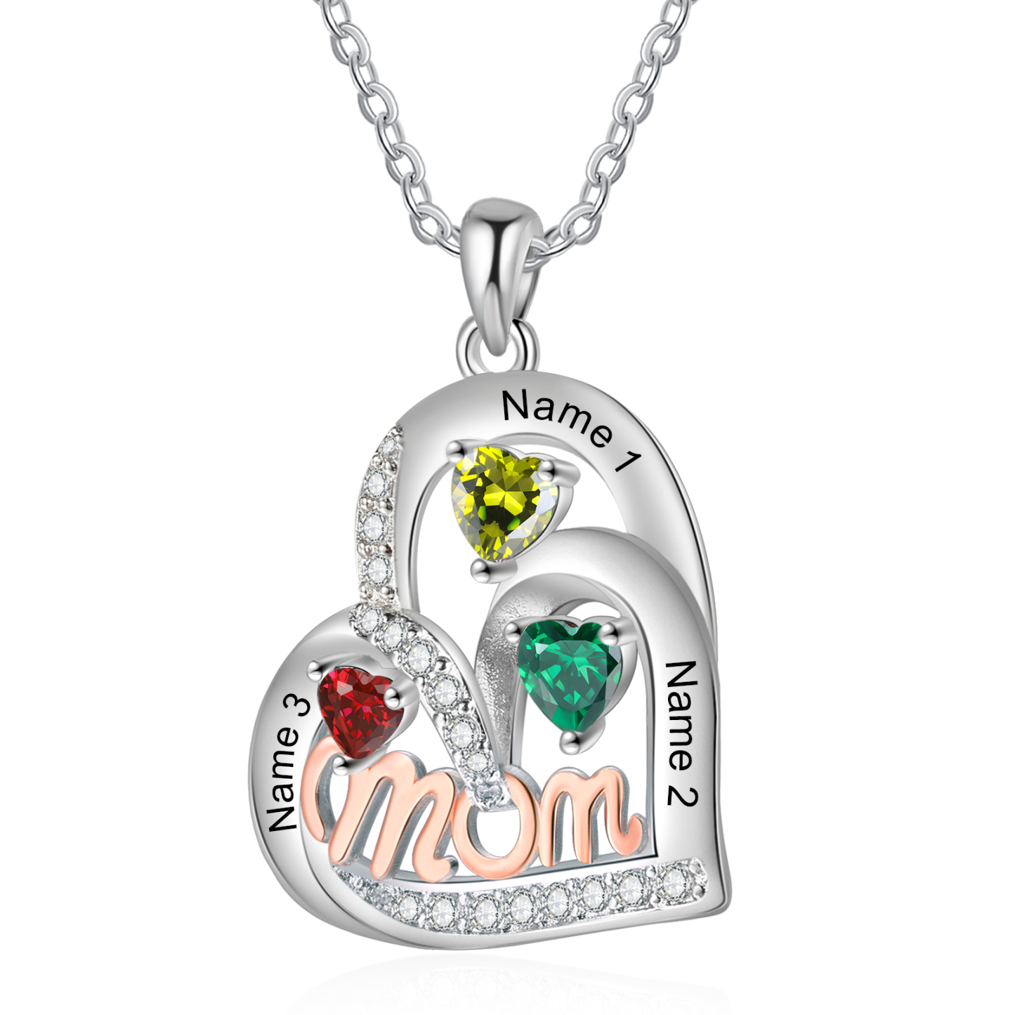 3 Names Custom Heart Pendant – Personalized Birthstone Necklace for Mom | Lorajewel