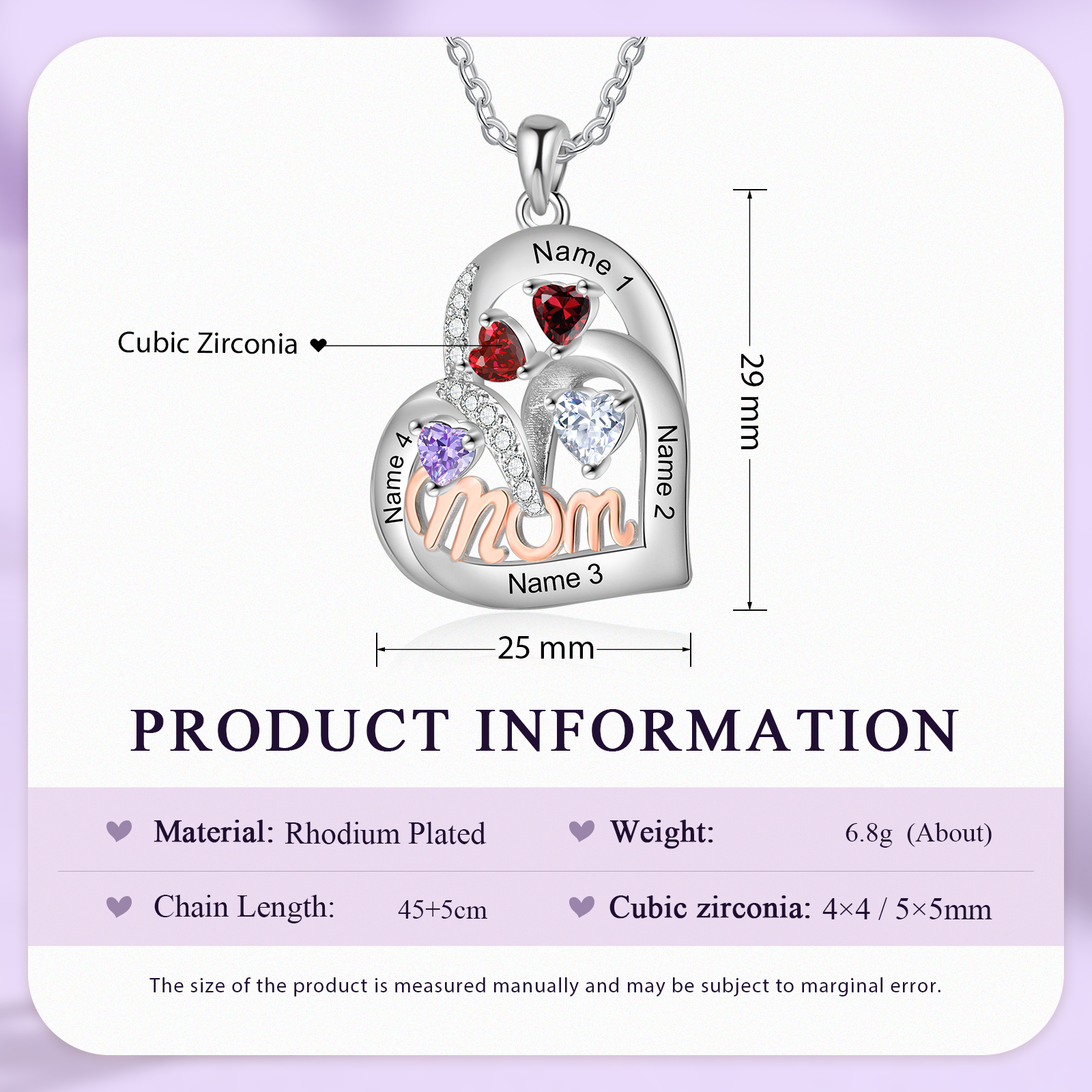 4 Names Custom Heart Pendant – Personalized Birthstone Necklace for Mom | Lorajewel