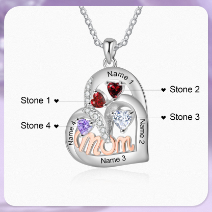4 Names Custom Heart Pendant – Personalized Birthstone Necklace for Mom | Lorajewel