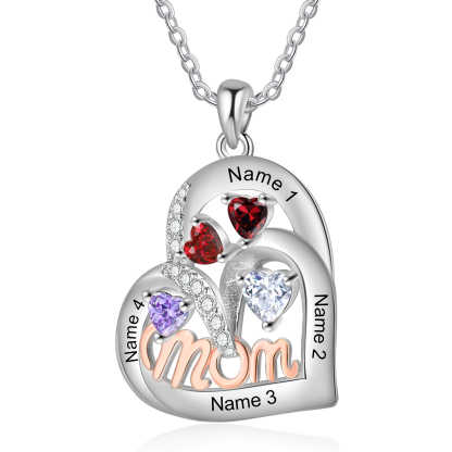 4 Names Custom Heart Pendant – Personalized Birthstone Necklace for Mom | Lorajewel