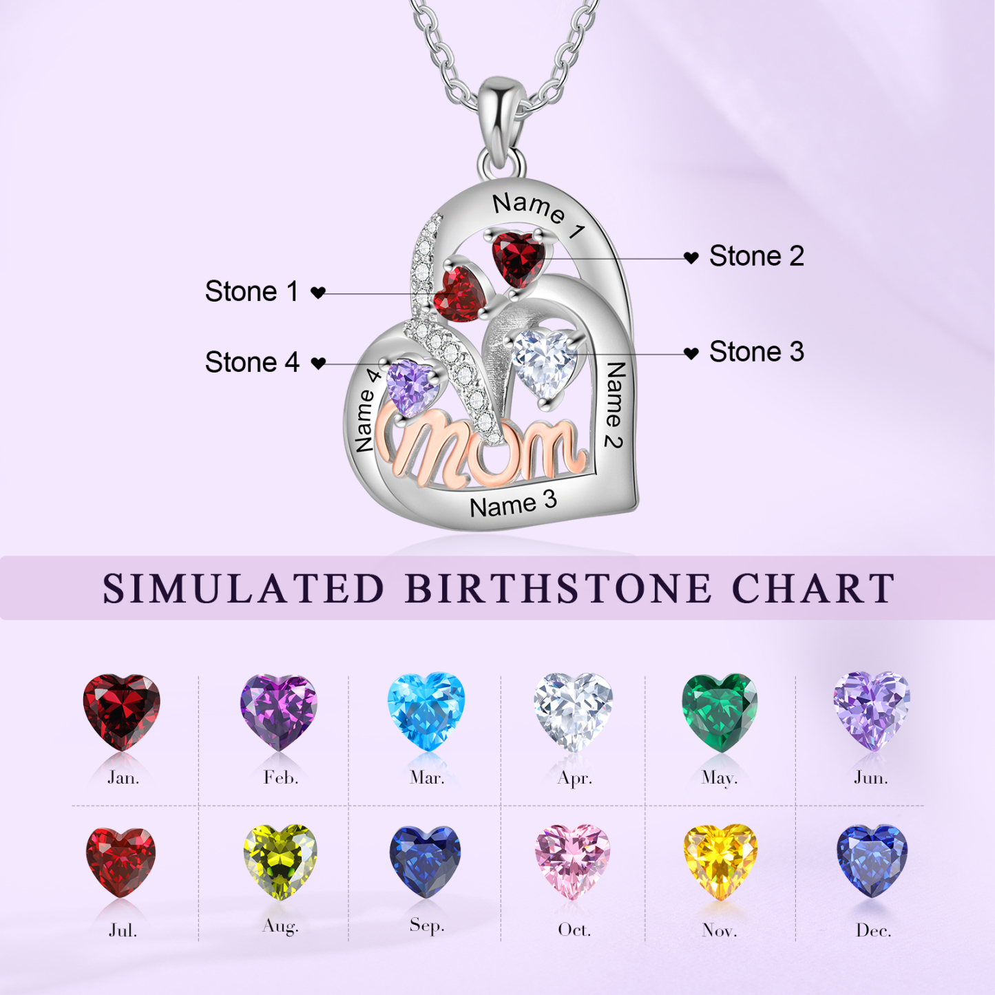 4 Names Custom Heart Pendant – Personalized Birthstone Necklace for Mom | Lorajewel