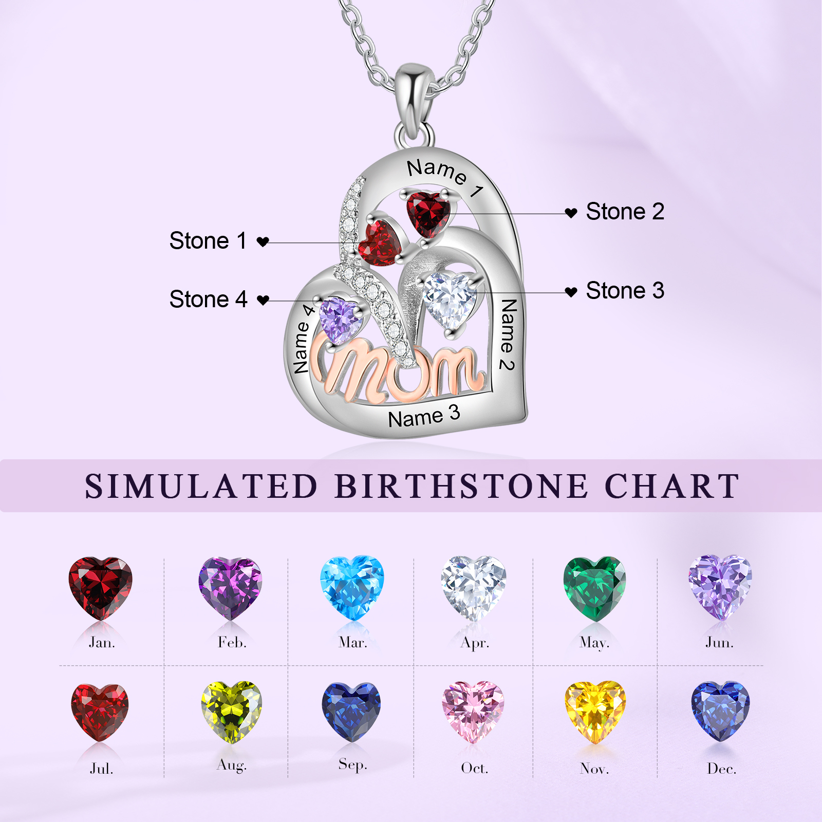 4 Names Custom Heart Pendant – Personalized Birthstone Necklace for Mom | Lorajewel