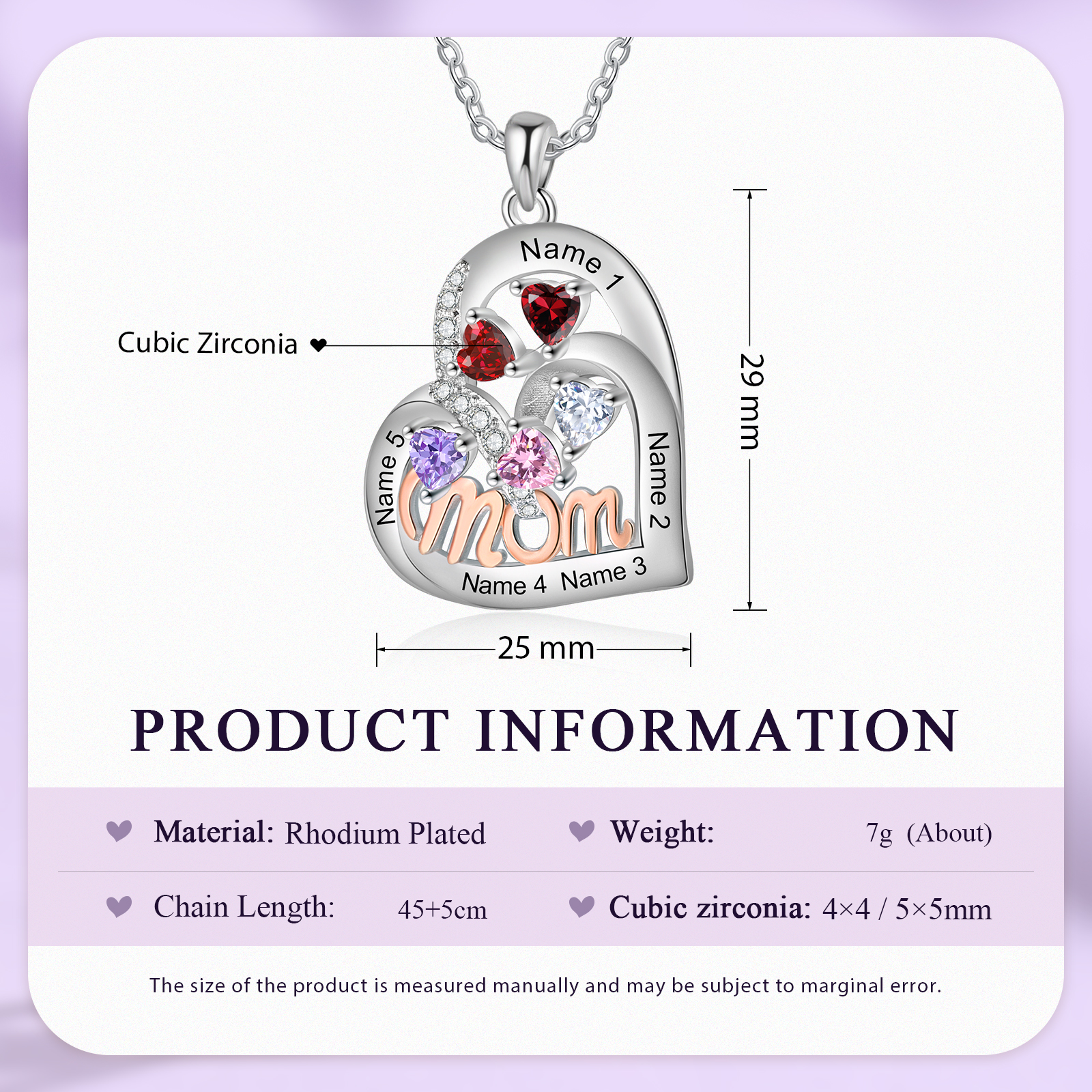5 Names Custom Heart Pendant – Personalized Birthstone Necklace for Mom | Lorajewel