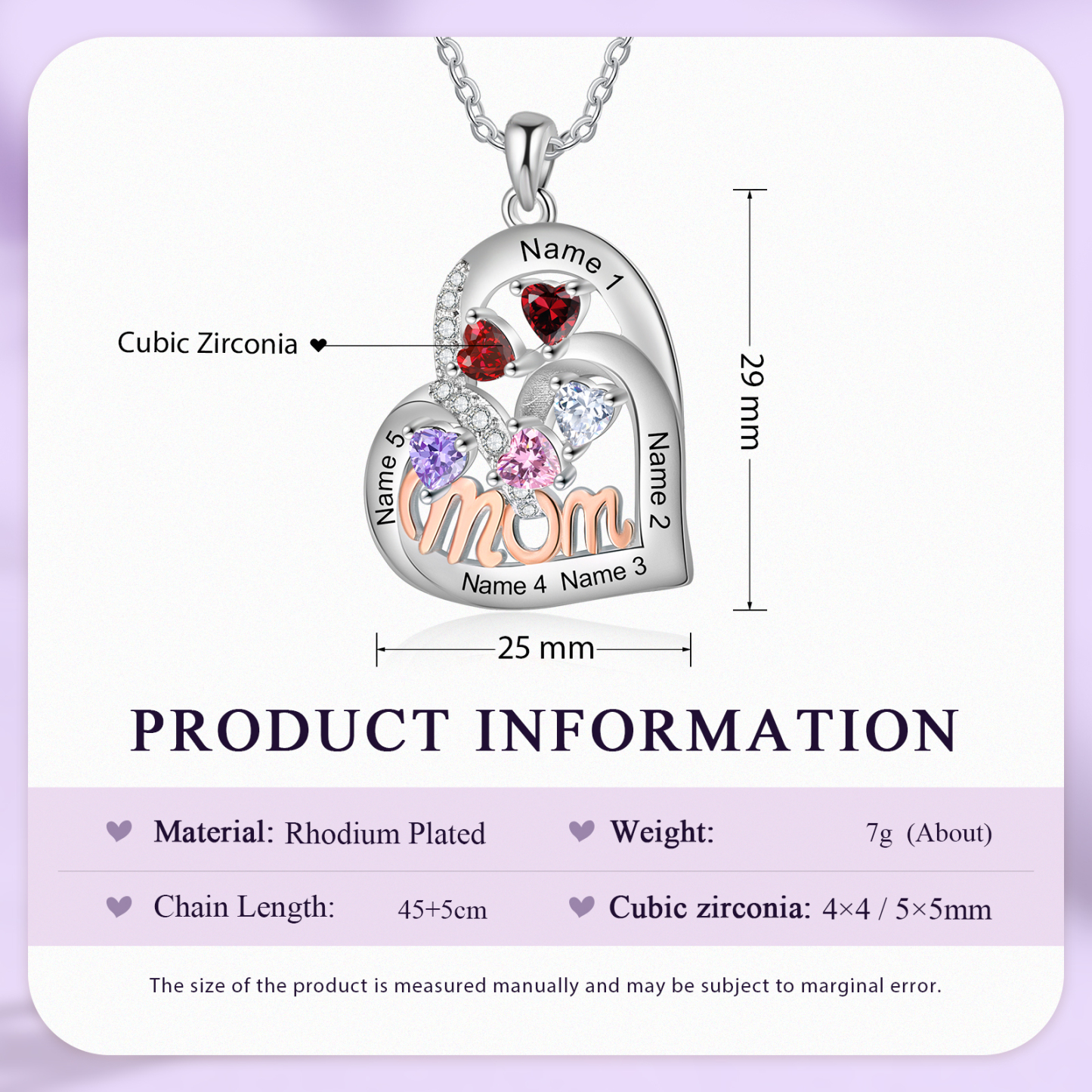 5 Names Custom Heart Pendant – Personalized Birthstone Necklace for Mom | Lorajewel