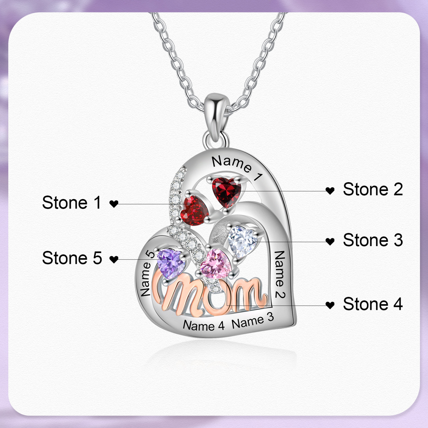 5 Names Custom Heart Pendant – Personalized Birthstone Necklace for Mom | Lorajewel