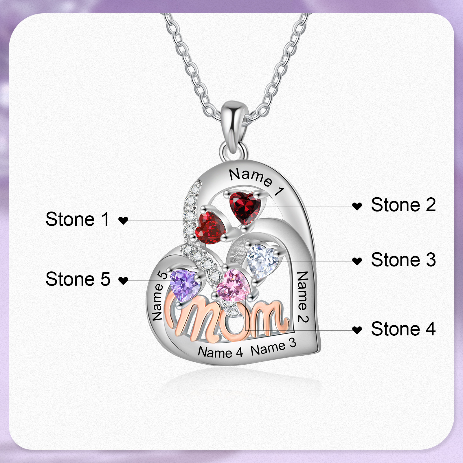 5 Names Custom Heart Pendant – Personalized Birthstone Necklace for Mom | Lorajewel
