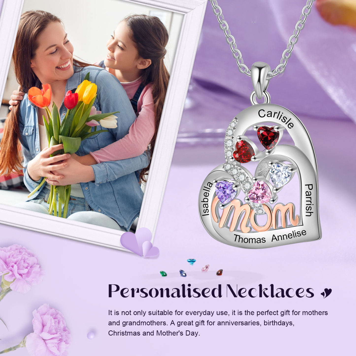 5 Names Custom Heart Pendant – Personalized Birthstone Necklace for Mom | Lorajewel
