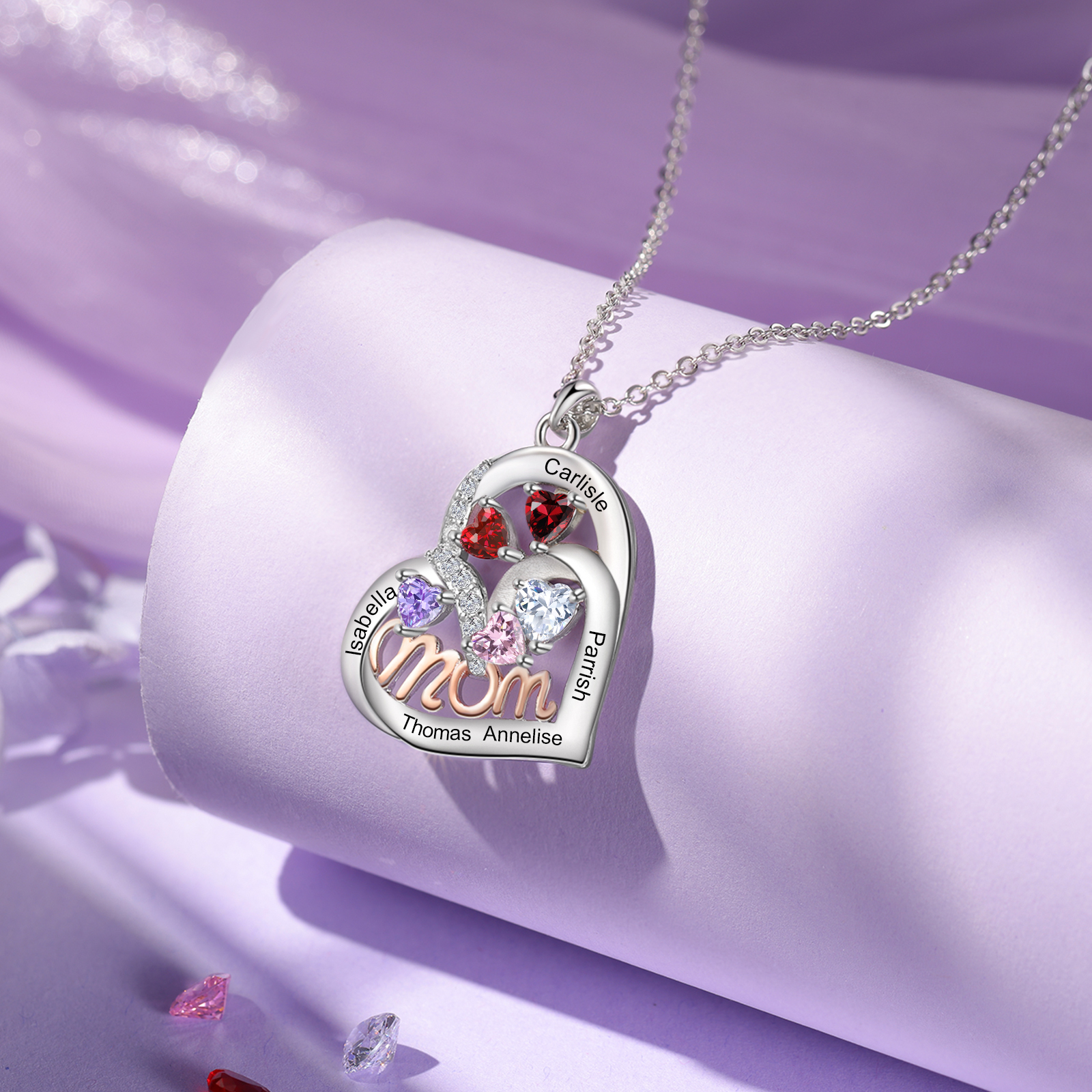 5 Names Custom Heart Pendant – Personalized Birthstone Necklace for Mom | Lorajewel