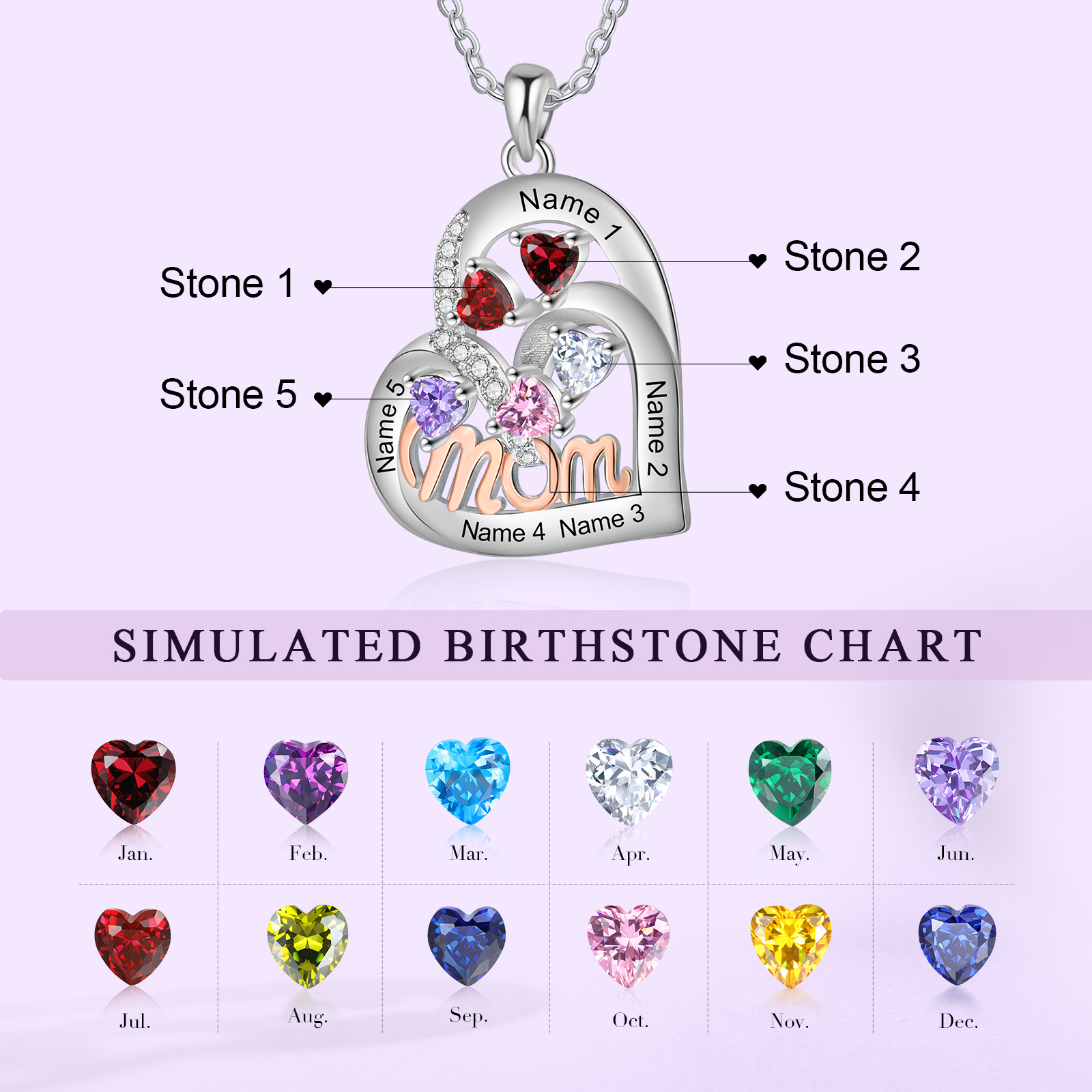 5 Names Custom Heart Pendant – Personalized Birthstone Necklace for Mom | Lorajewel