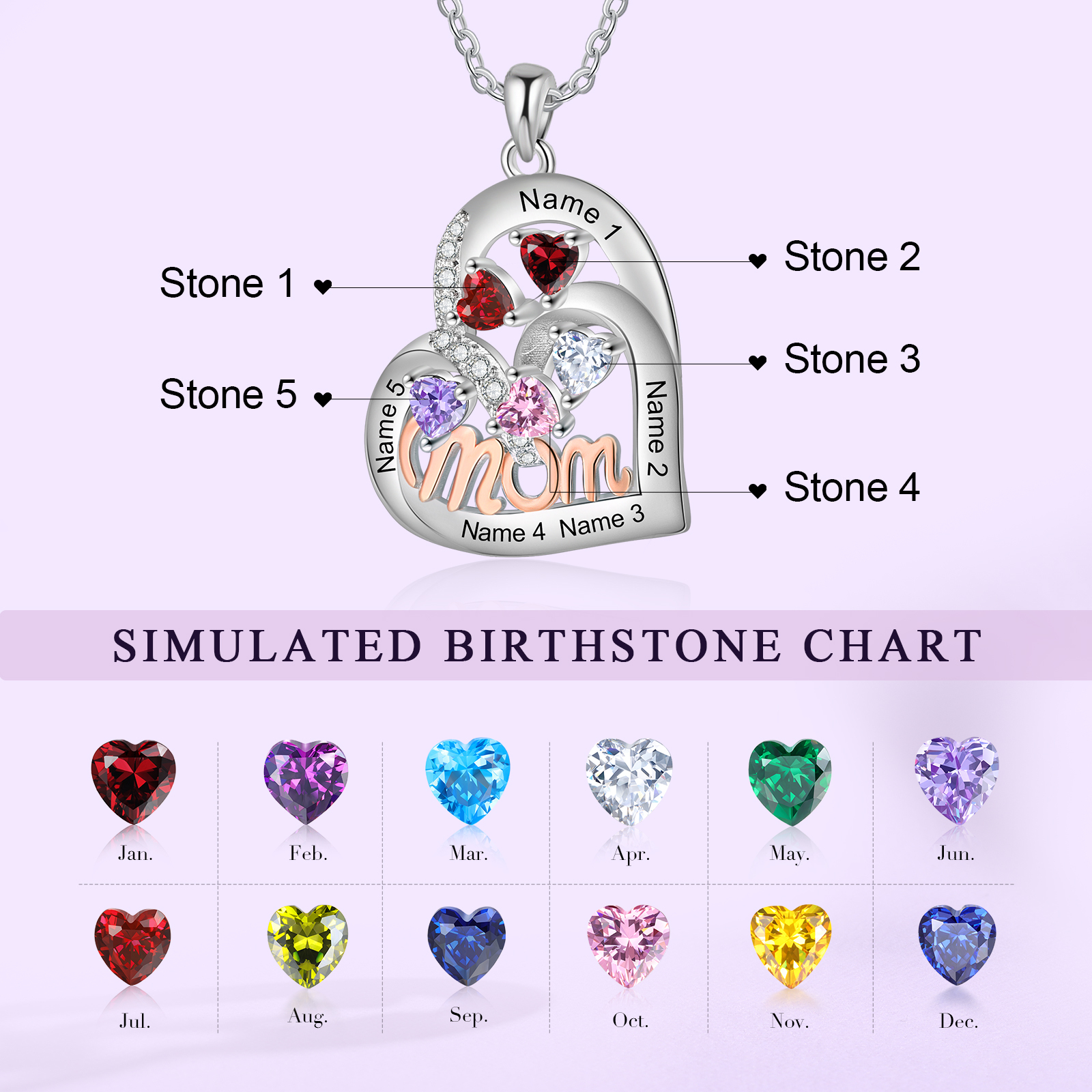 5 Names Custom Heart Pendant – Personalized Birthstone Necklace for Mom | Lorajewel