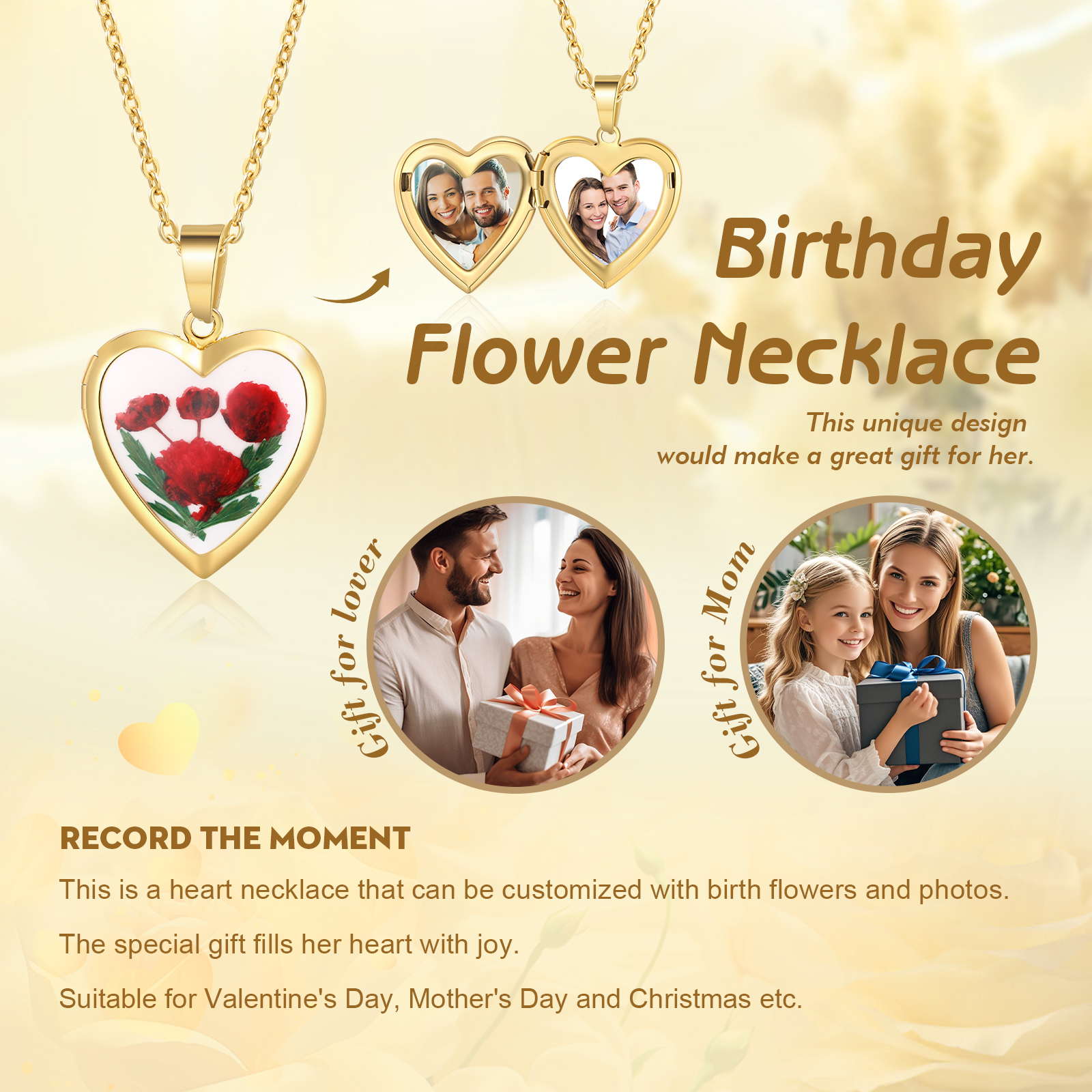 Personalised Heart Shaped Locket Necklace Custom 2 Photos with Birth Flowers Romantic Gift for Her | Lorajewel