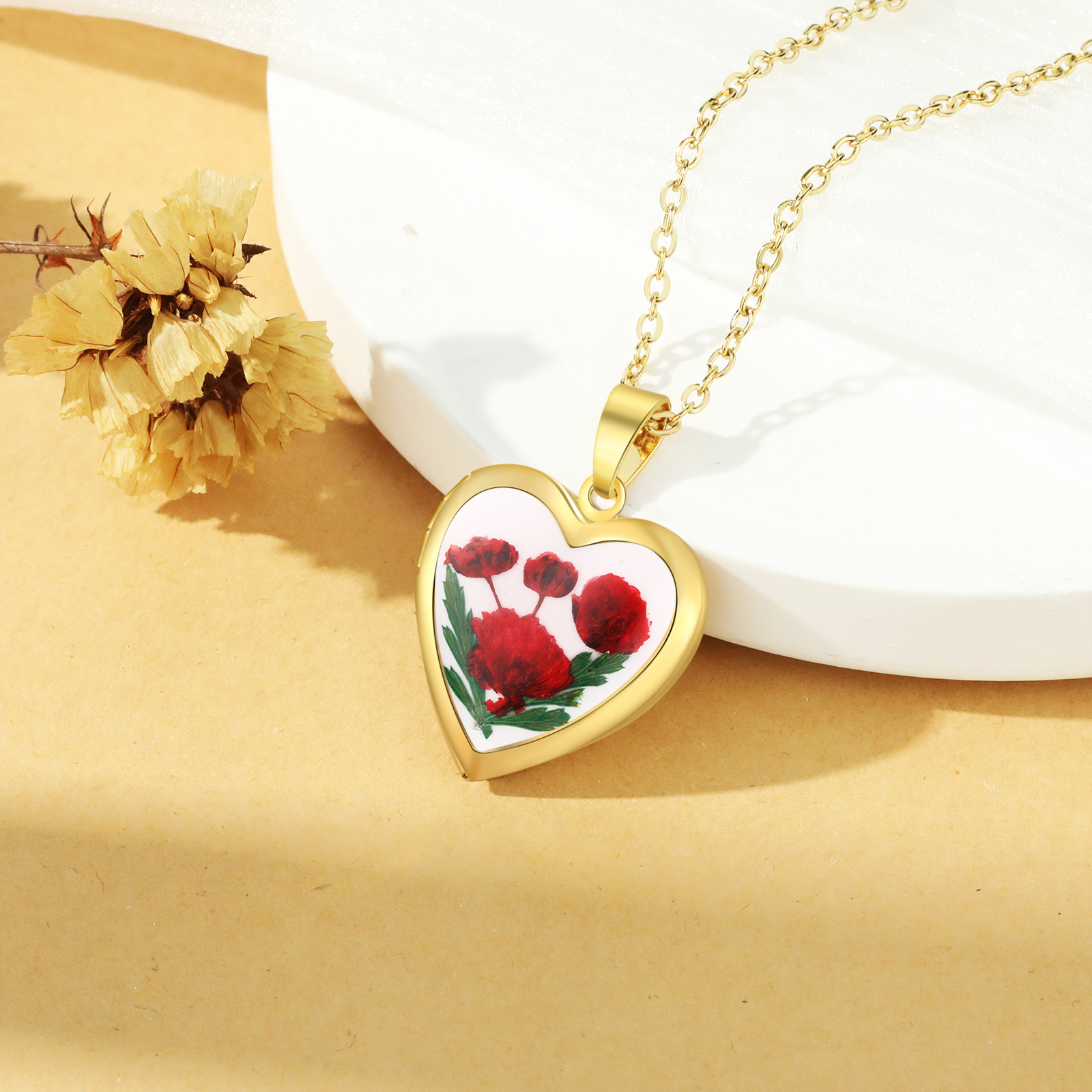 Personalised Heart Shaped Locket Necklace Custom 2 Photos with Birth Flowers Romantic Gift for Her | Lorajewel