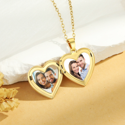 Personalised Heart Shaped Locket Necklace Custom 2 Photos with Birth Flowers Romantic Gift for Her | Lorajewel