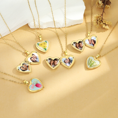 Personalised Heart Shaped Locket Necklace Custom 2 Photos with Birth Flowers Romantic Gift for Her | Lorajewel