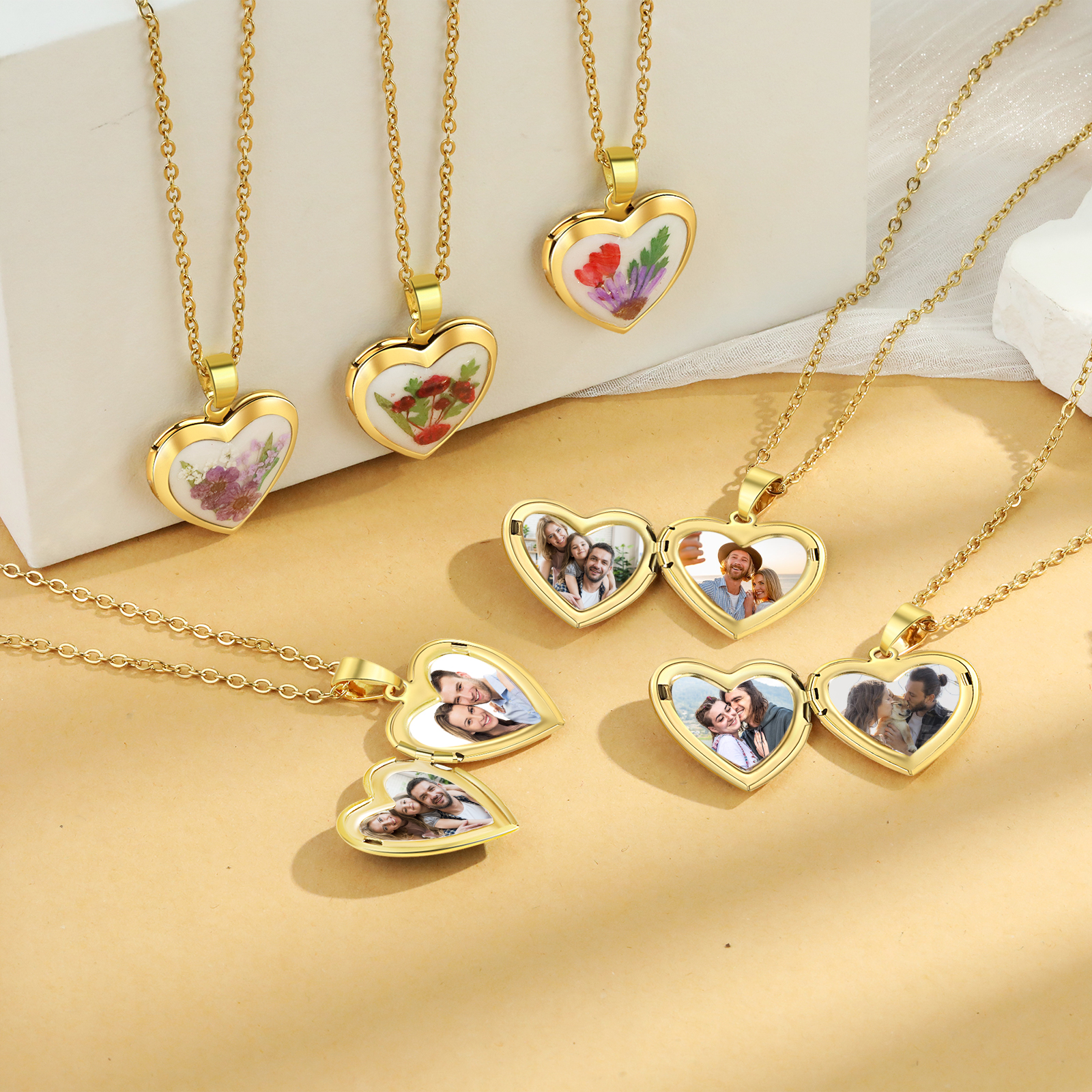 Personalised Heart Shaped Locket Necklace Custom 2 Photos with Birth Flowers Romantic Gift for Her | Lorajewel