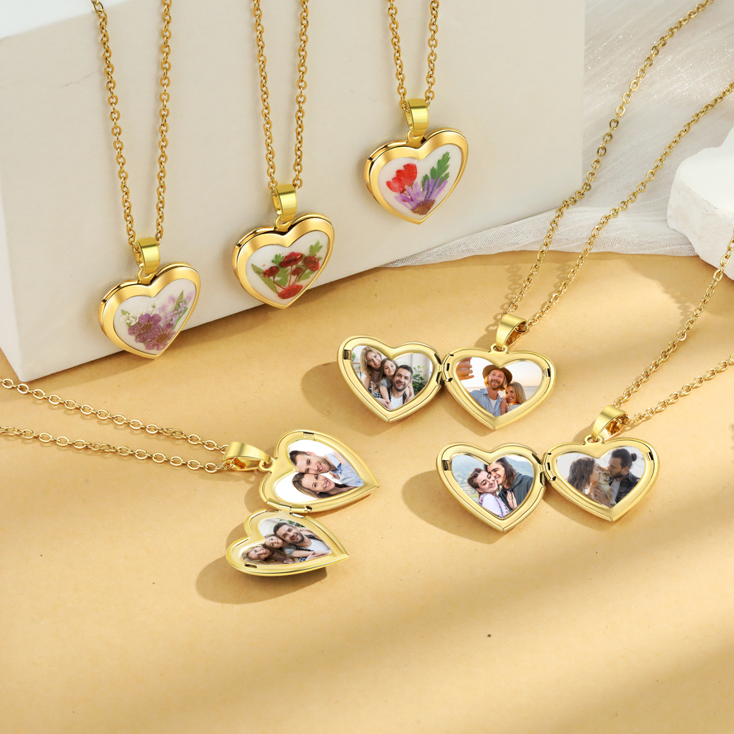 Personalised Heart Shaped Locket Necklace Custom 2 Photos with Birth Flowers Romantic Gift for Her | Lorajewel