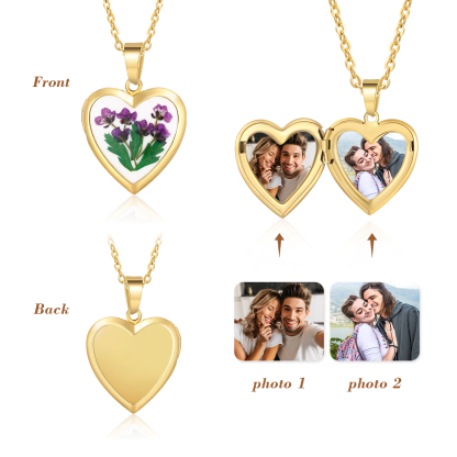 Personalised Heart Shaped Locket Necklace Custom 2 Photos with Birth Flowers Romantic Gift for Her | Lorajewel