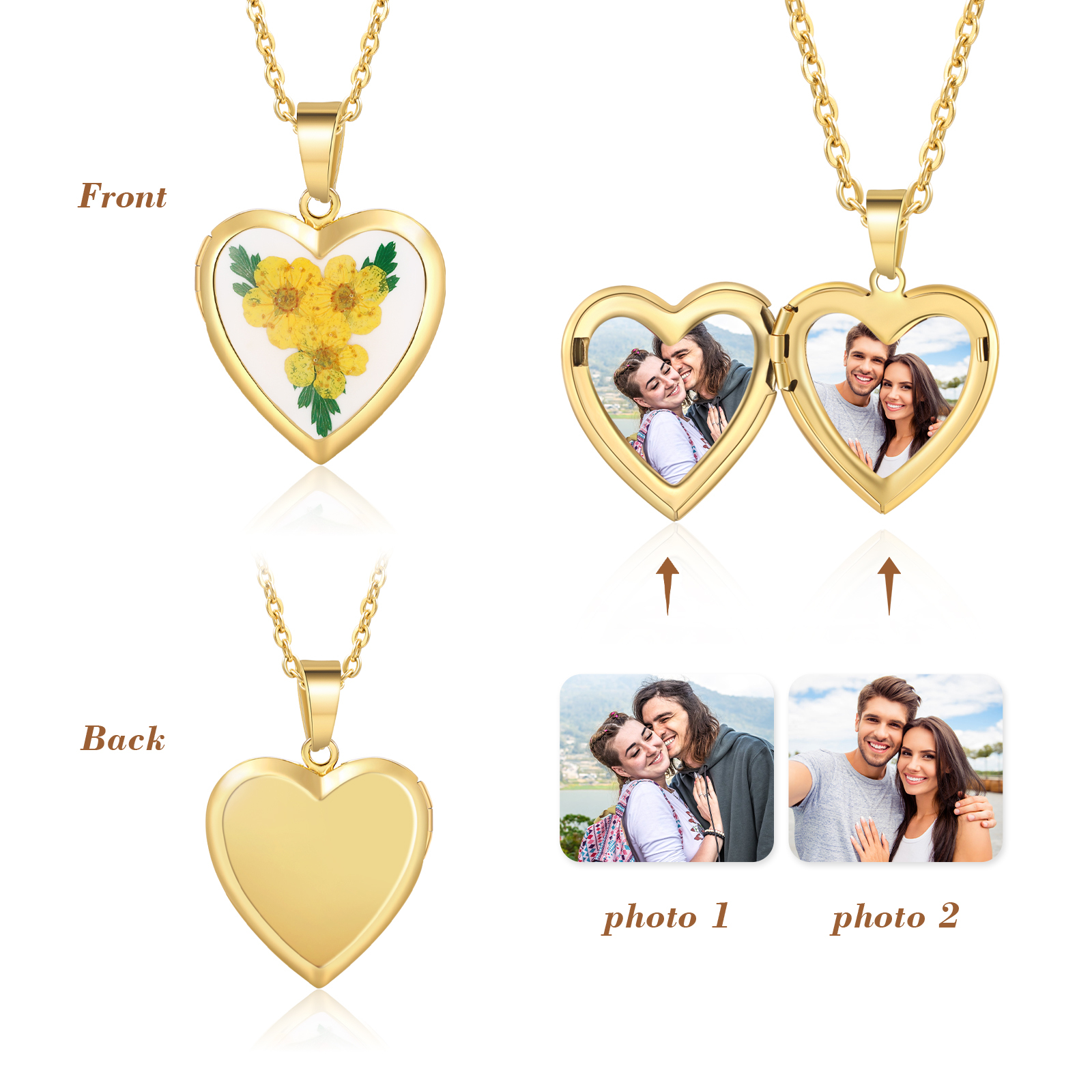 Personalised Heart Shaped Locket Necklace Custom 2 Photos with Birth Flowers Romantic Gift for Her | Lorajewel