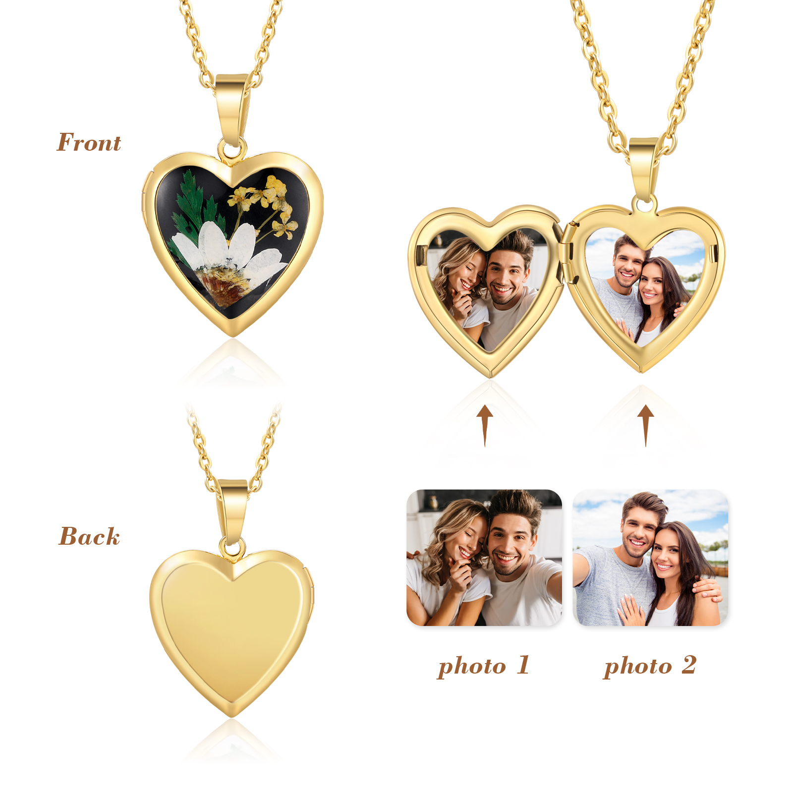 Personalised Heart Shaped Locket Necklace Custom 2 Photos with Birth Flowers Romantic Gift for Her | Lorajewel