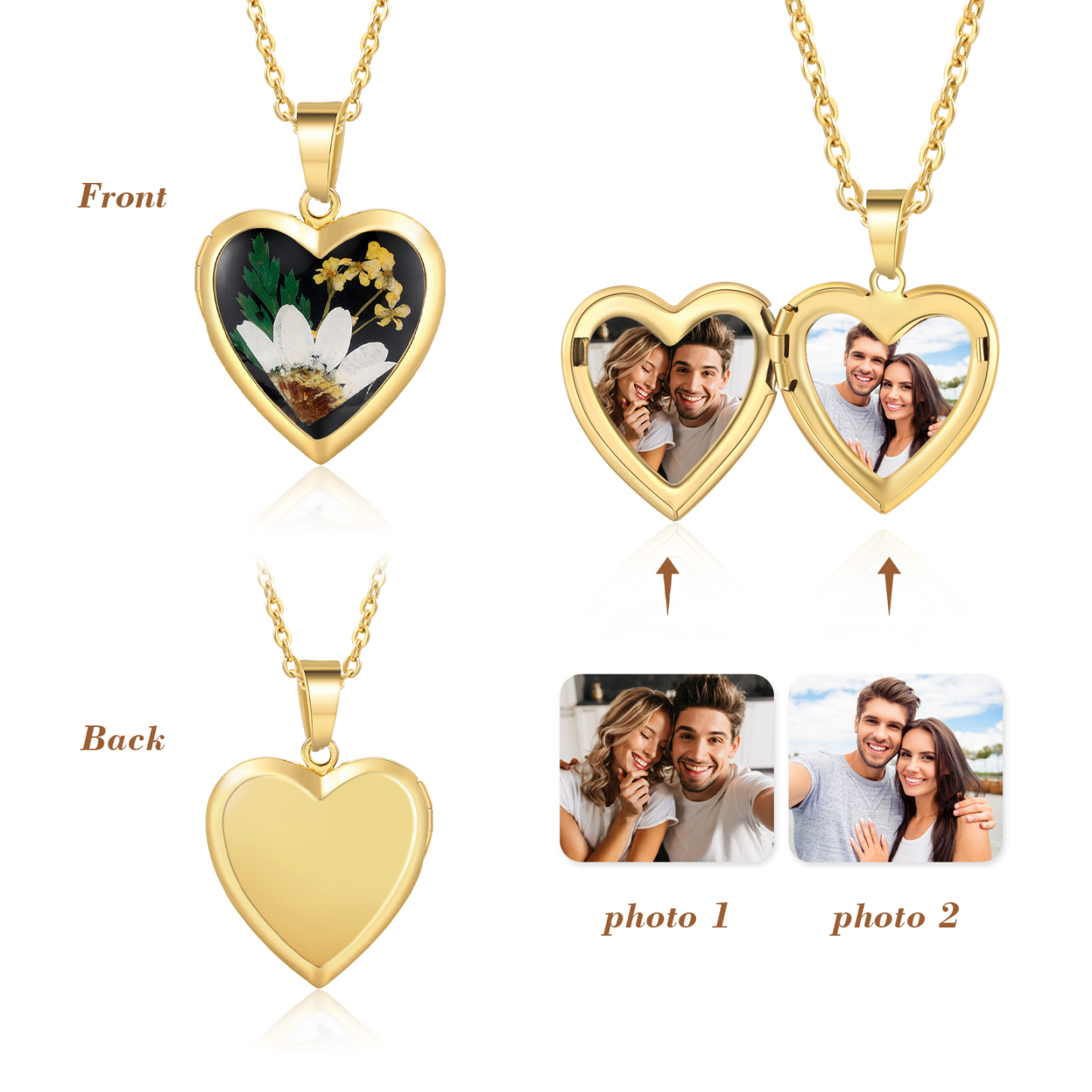 Personalised Heart Shaped Locket Necklace Custom 2 Photos with Birth Flowers Romantic Gift for Her | Lorajewel