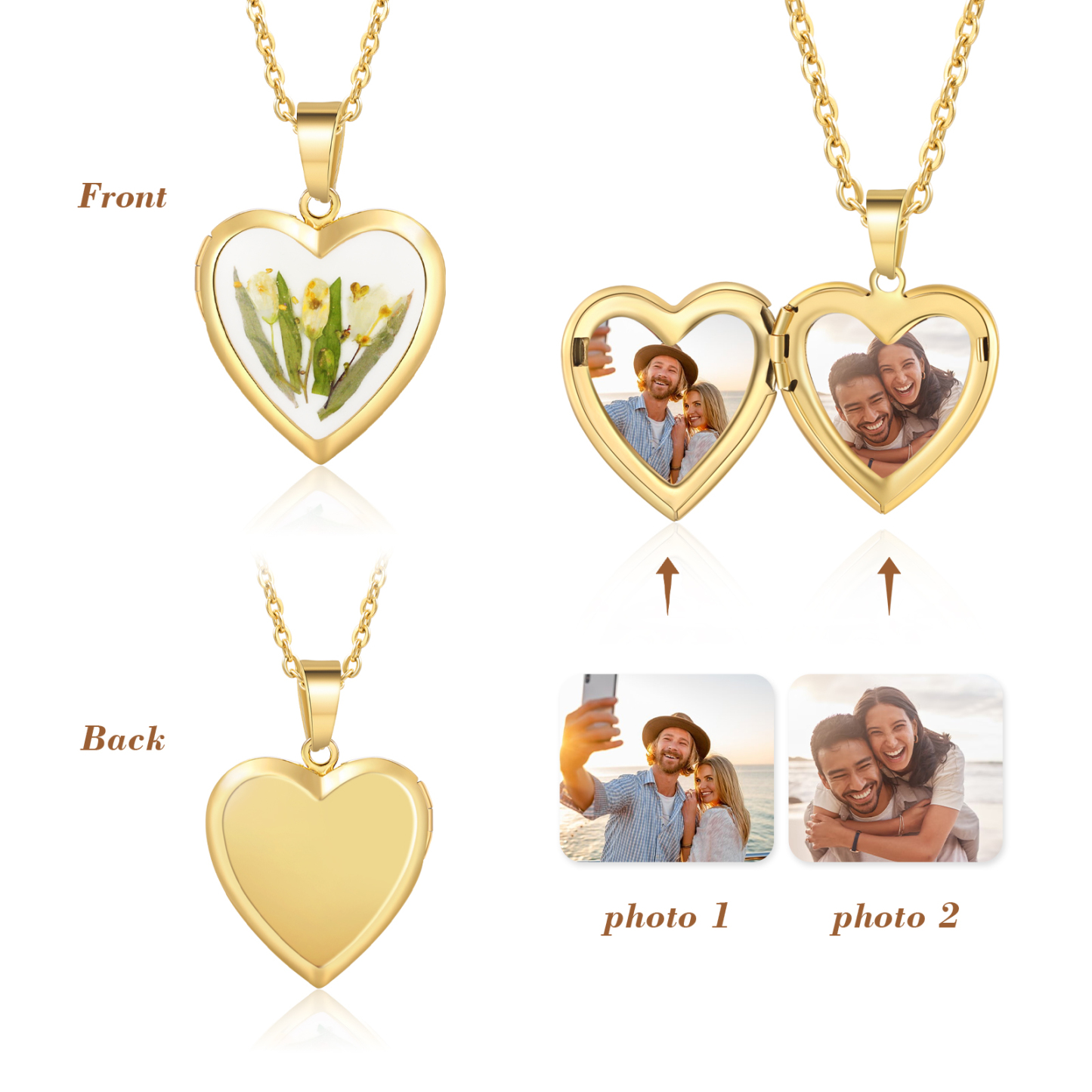 Personalised Heart Shaped Locket Necklace Custom 2 Photos with Birth Flowers Romantic Gift for Her | Lorajewel