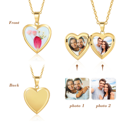 Personalised Heart Shaped Locket Necklace Custom 2 Photos with Birth Flowers Romantic Gift for Her | Lorajewel