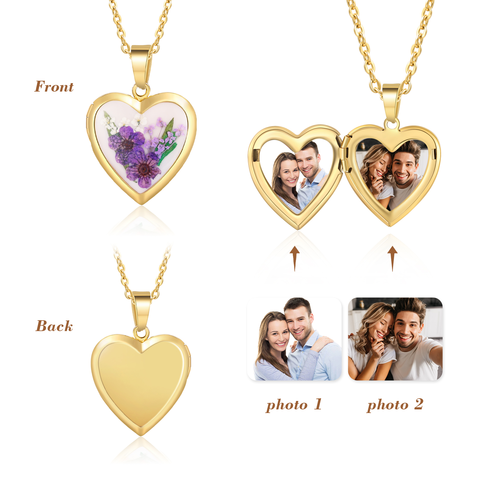 Personalised Heart Shaped Locket Necklace Custom 2 Photos with Birth Flowers Romantic Gift for Her | Lorajewel