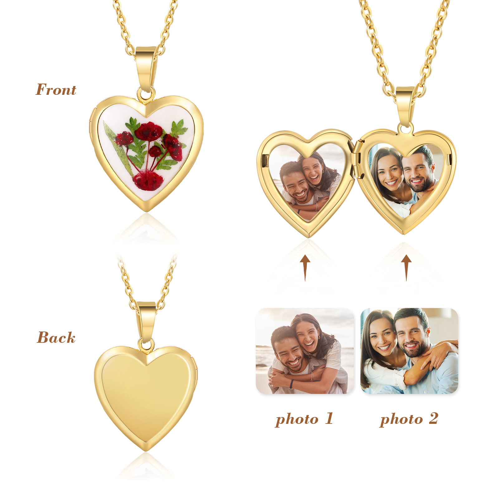 Personalised Heart Shaped Locket Necklace Custom 2 Photos with Birth Flowers Romantic Gift for Her | Lorajewel