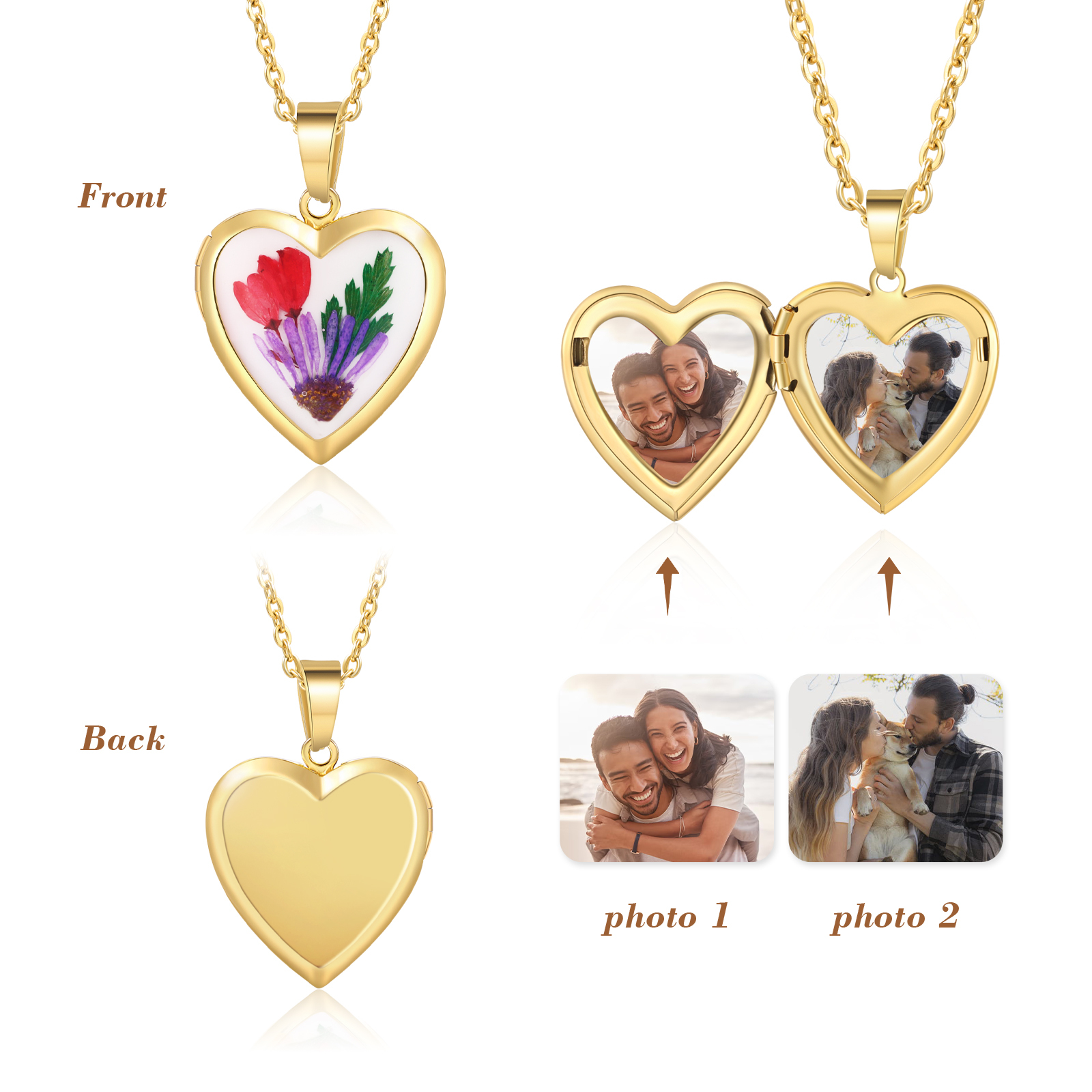 Personalised Heart Shaped Locket Necklace Custom 2 Photos with Birth Flowers Romantic Gift for Her | Lorajewel