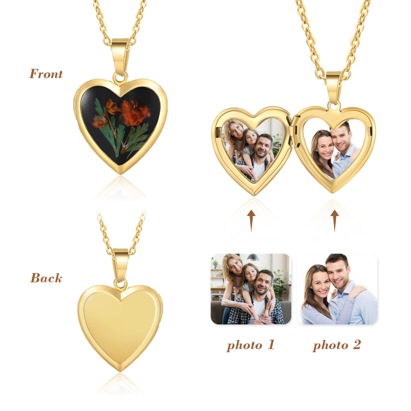 Personalised Heart Shaped Locket Necklace Custom 2 Photos with Birth Flowers Romantic Gift for Her | Lorajewel