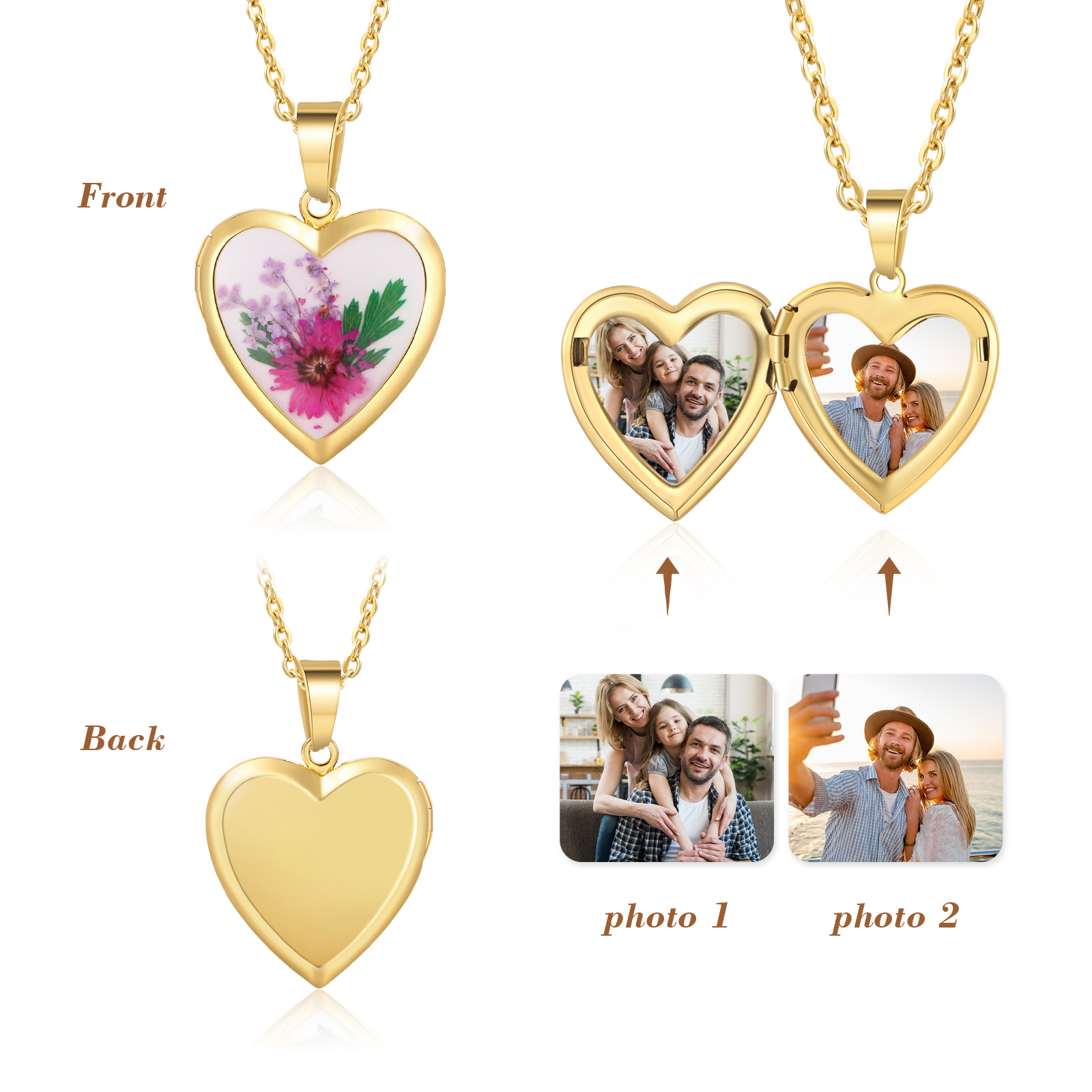 Personalised Heart Shaped Locket Necklace Custom 2 Photos with Birth Flowers Romantic Gift for Her | Lorajewel