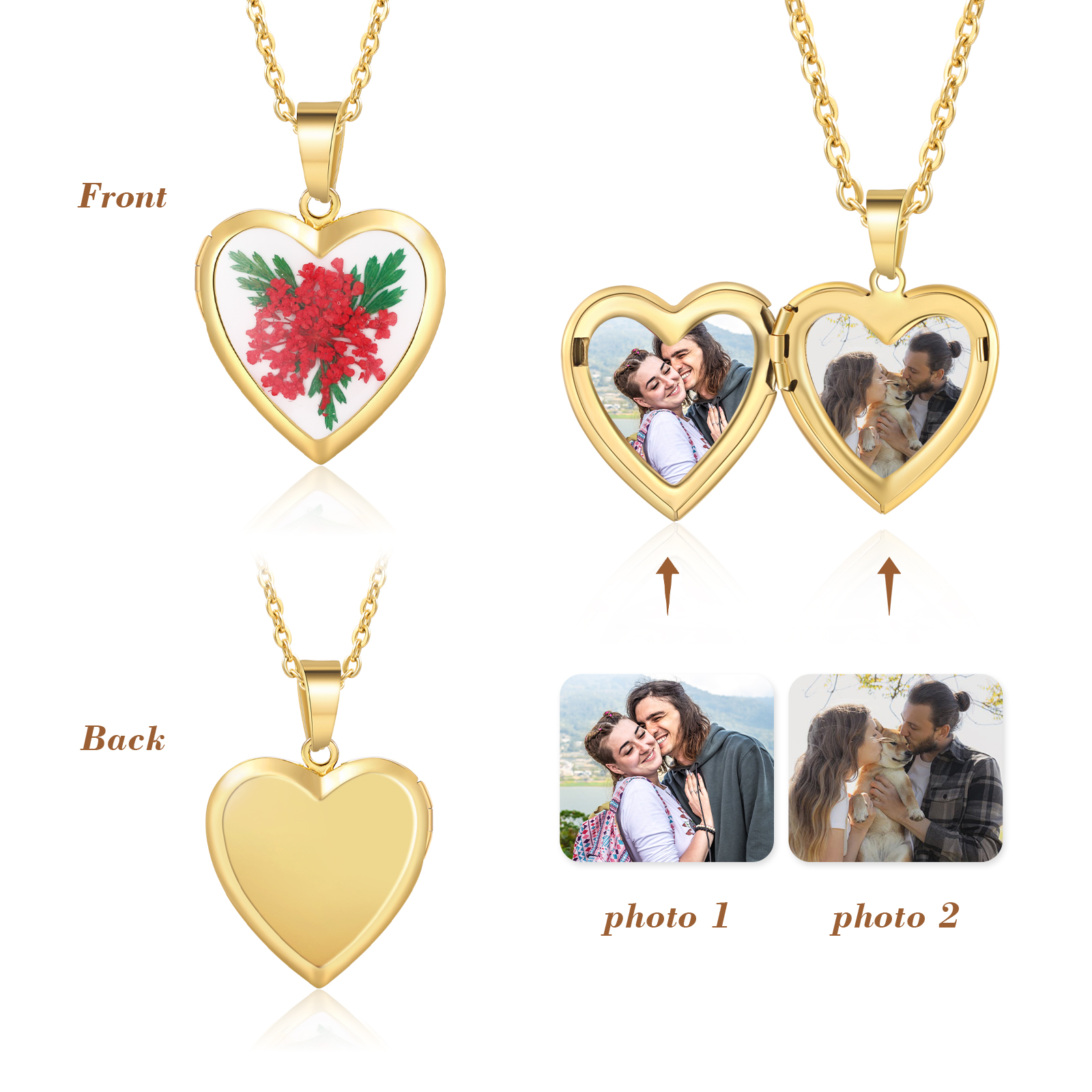 Personalised Heart Shaped Locket Necklace Custom 2 Photos with Birth Flowers Romantic Gift for Her | Lorajewel