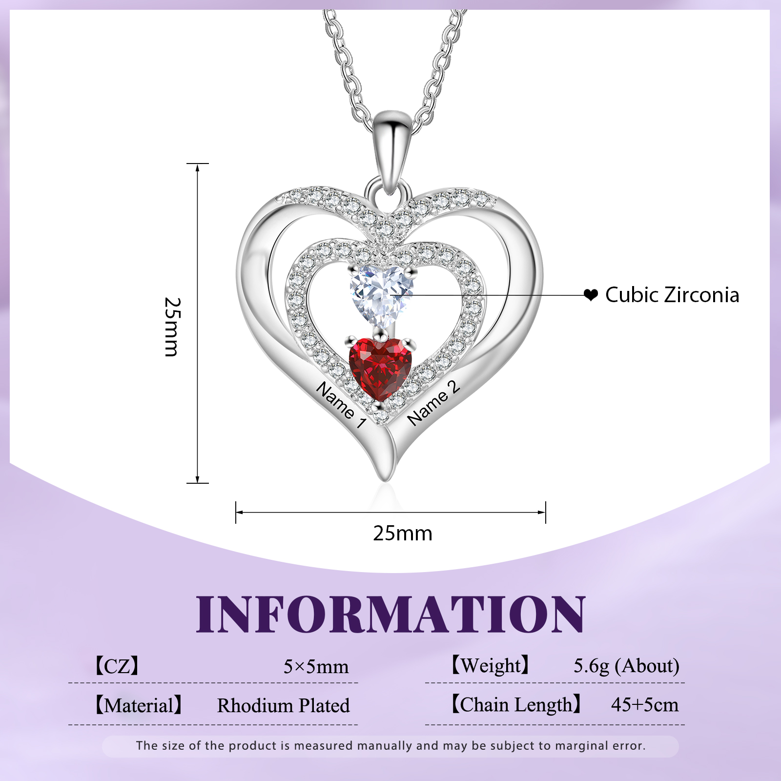 personalized Heart Birthstone Necklace – Custom 2 Names & 2 Birthstones Gift for Her | Jessemade