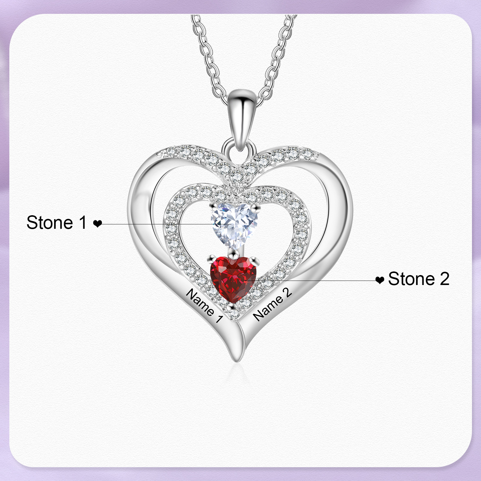 personalized Heart Birthstone Necklace – Custom 2 Names & 2 Birthstones Gift for Her | Jessemade