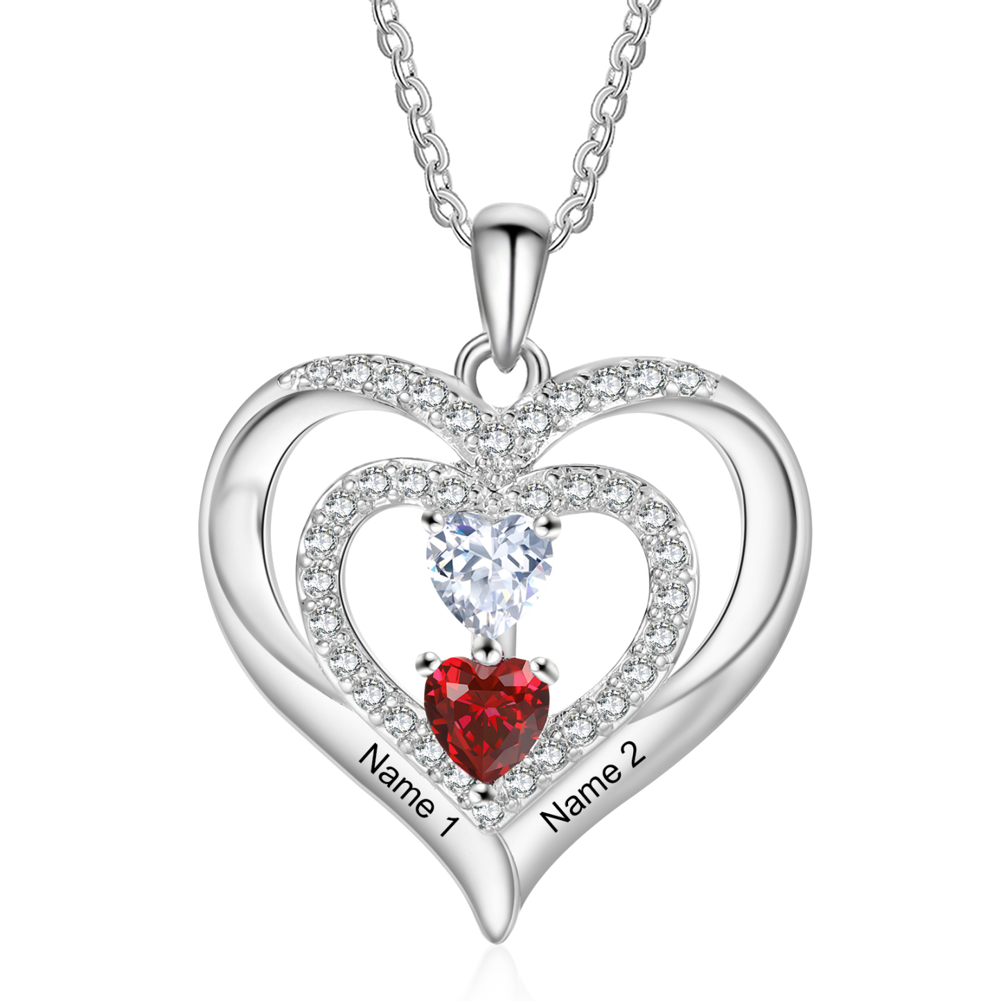 Personalized Heart Birthstone Necklace – Custom 2 Names & 2 Birthstone
