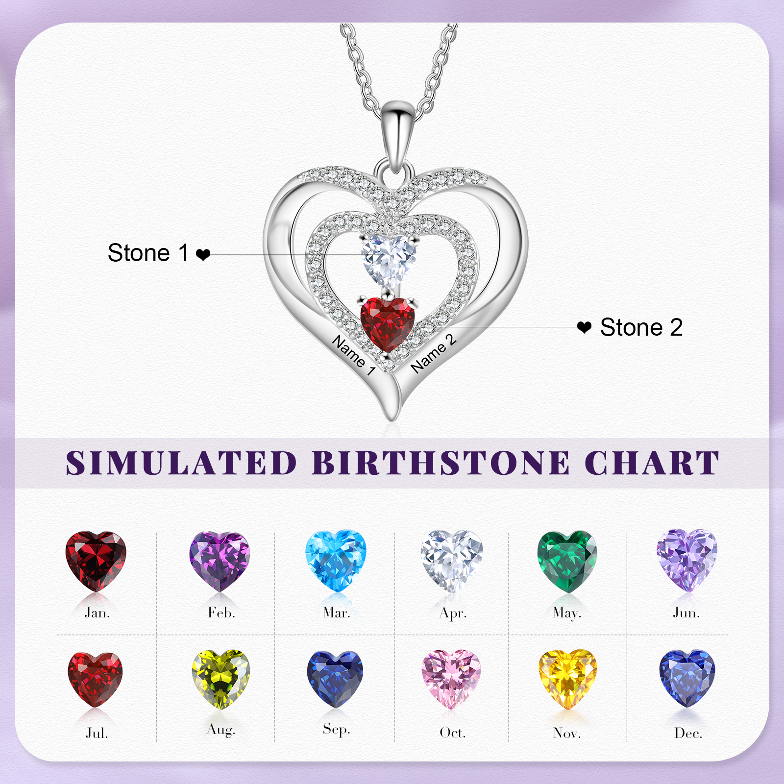personalized Heart Birthstone Necklace – Custom 2 Names & 2 Birthstones Gift for Her | Jessemade