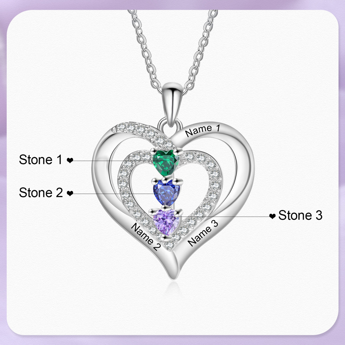 personalized Heart Birthstone Necklace – Custom 3 Names & 3 Birthstones Gift for Her | Jessemade