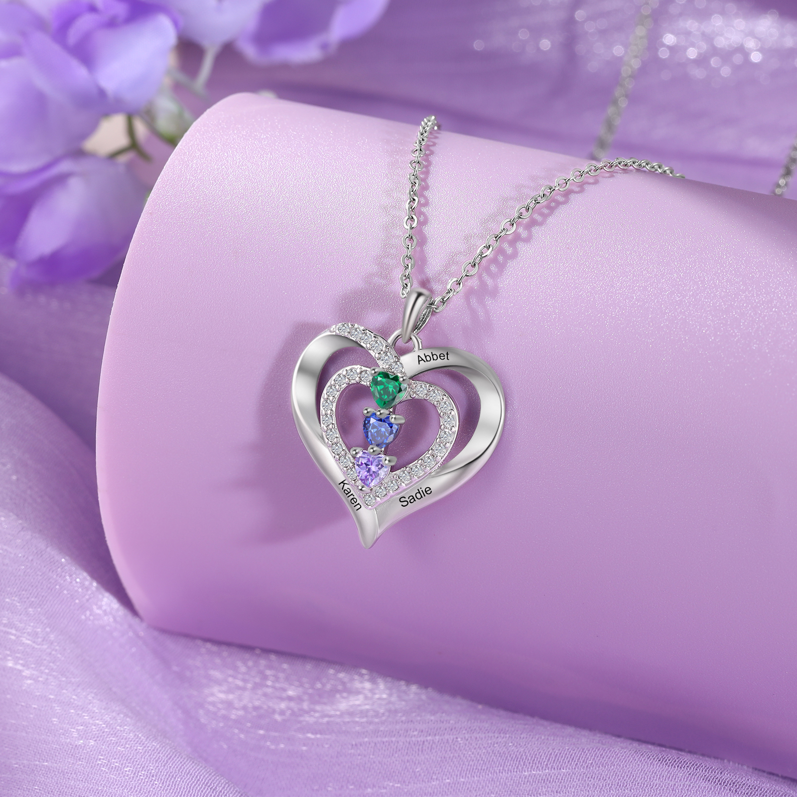 personalized Heart Birthstone Necklace – Custom 3 Names & 3 Birthstones Gift for Her | Jessemade