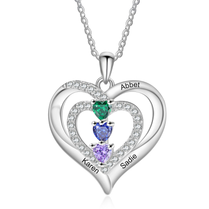 Personalized Heart Birthstone Necklace – Custom 3 Names & 3 Birthstone