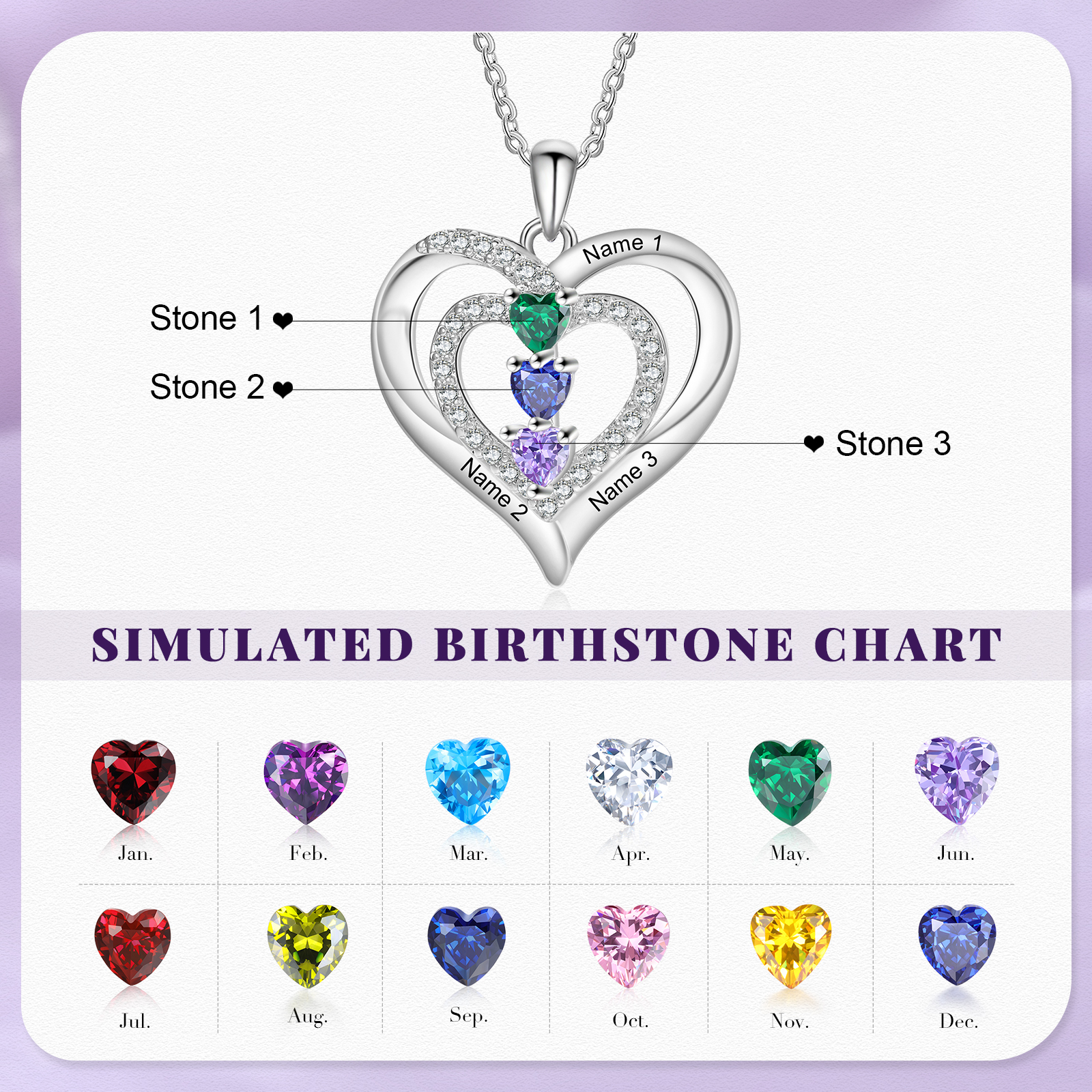 personalized Heart Birthstone Necklace – Custom 3 Names & 3 Birthstones Gift for Her | Jessemade