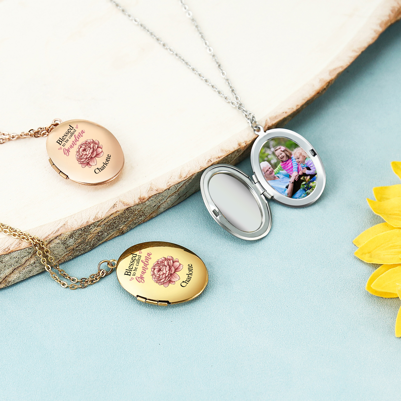 Personalised Birth Flower Locket Necklace, Custom 1 Photo  & 1 Name Pendant Gift for Grandma | Jessemade